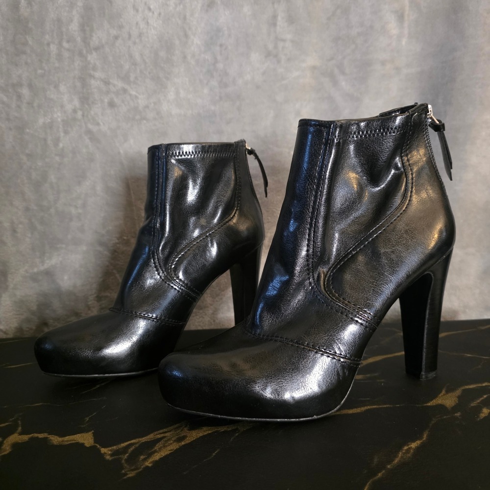 Franco Sarto Black Faux Leather Platform Ankle Boots High Block Heel Womens 10 M